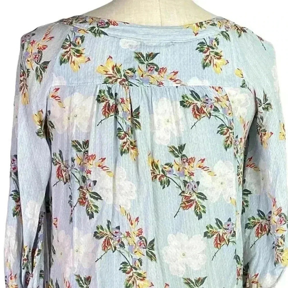 Anthropologie Maeve Boswell Womens 0P Floral Stripe Top Blue Multi 3/4 Sleeve - Picture 6 of 7
